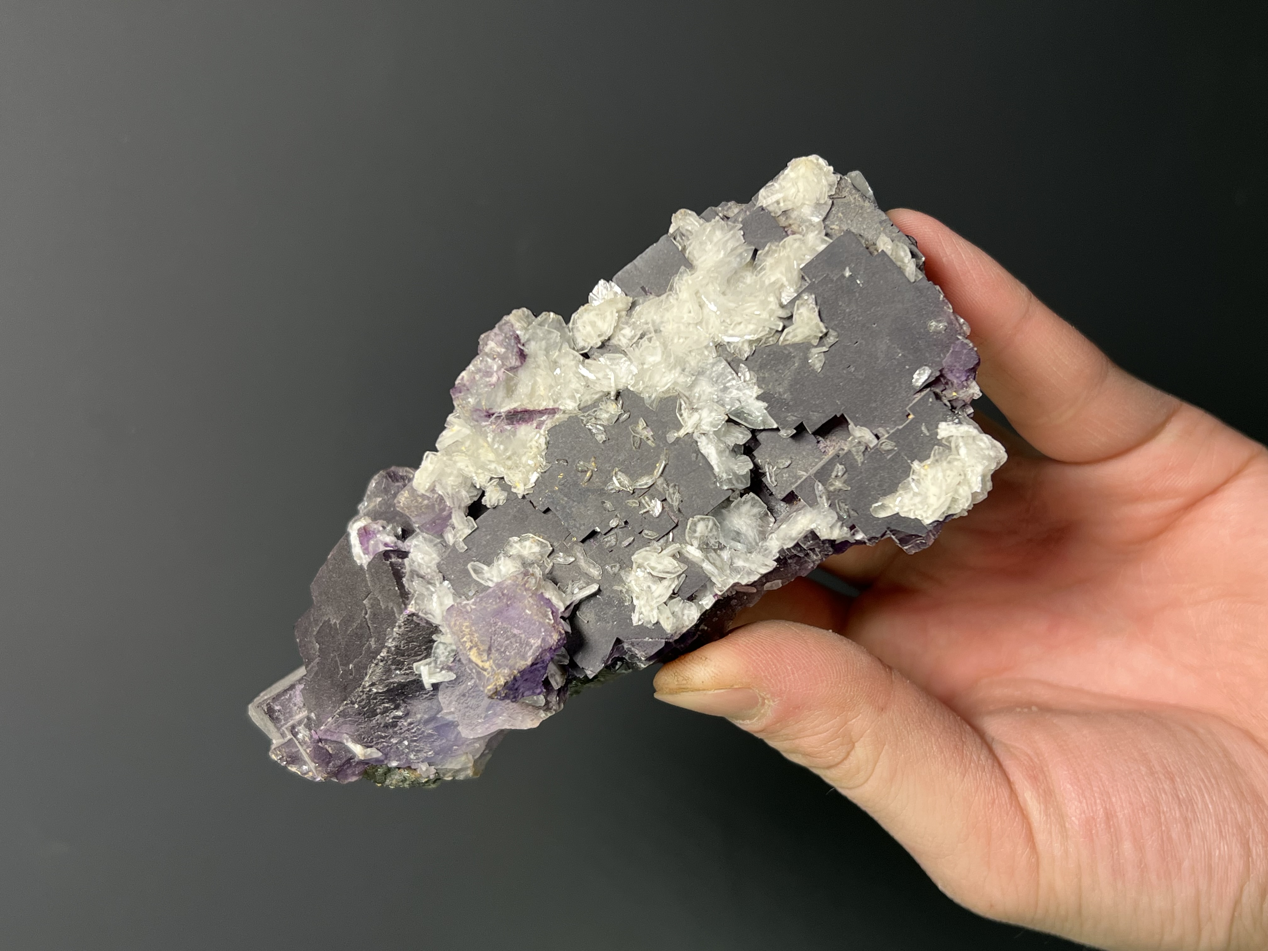 Calcite On Purple Fluorite Specimen, 445gram